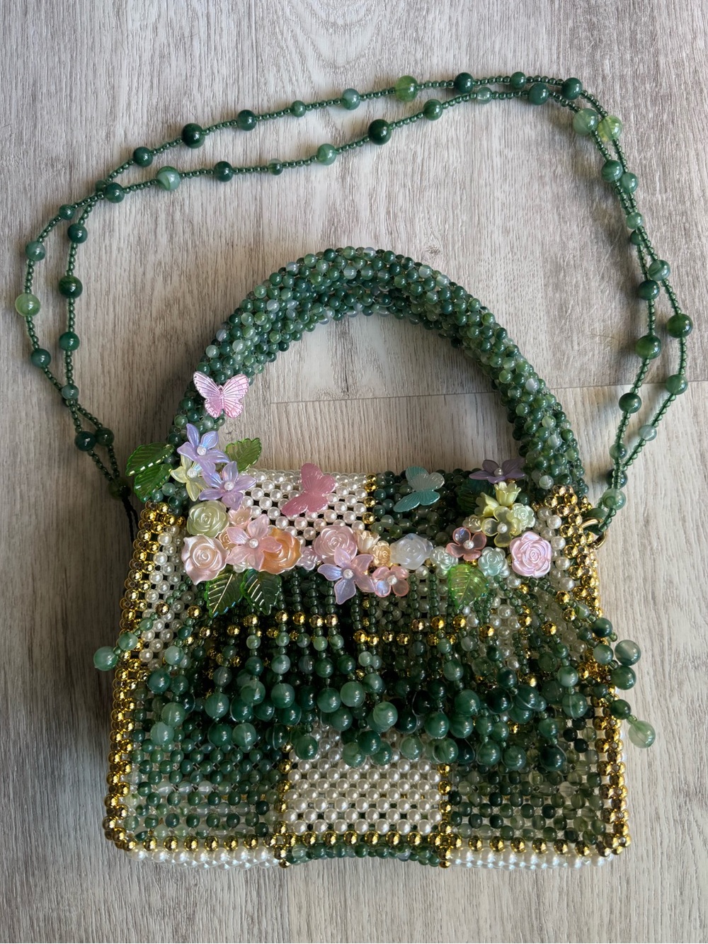 Whimsical Green Ivory Pink Blossoming Beaded Bag w Acrylic 3D Floral Butterfly